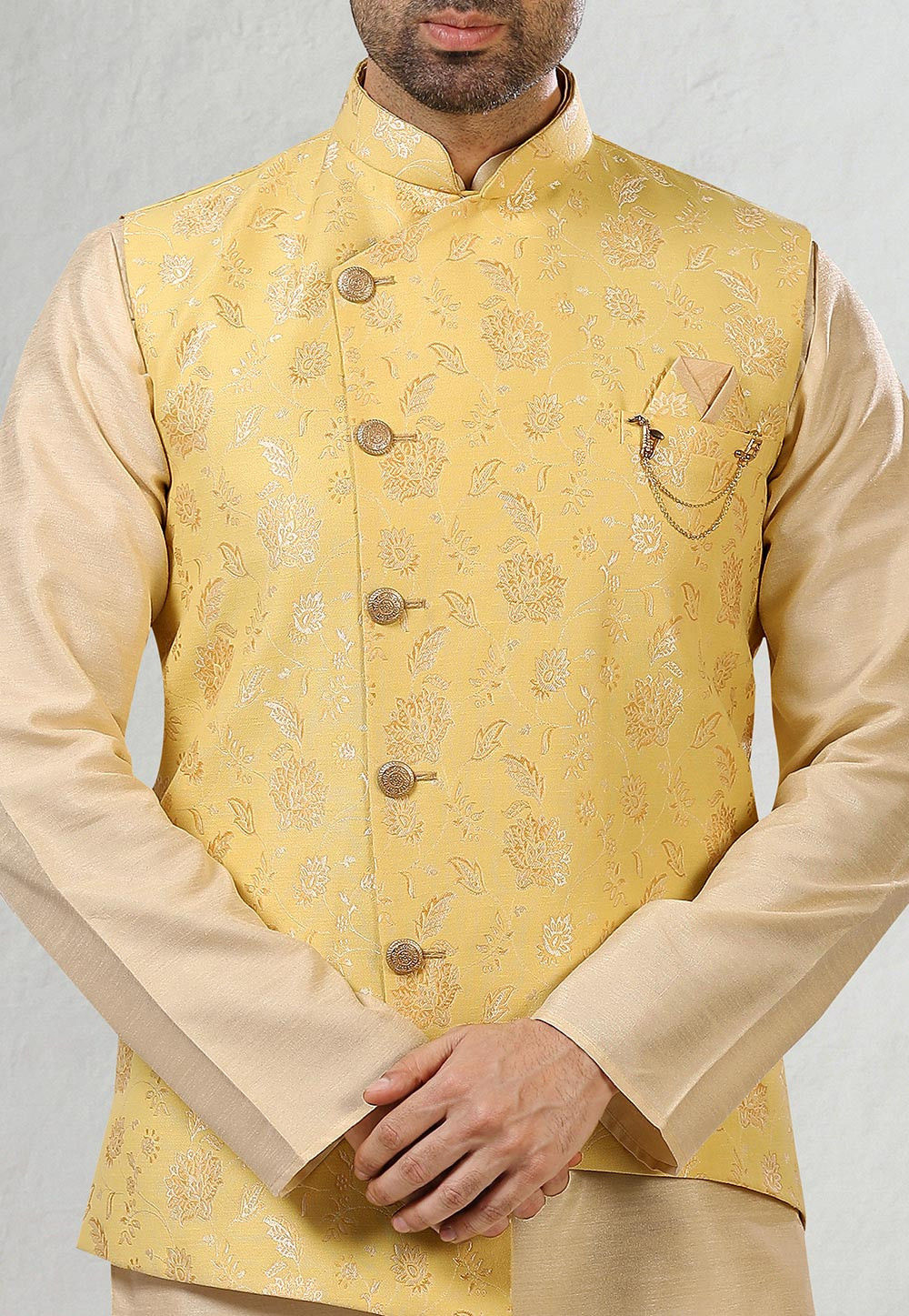 Woven Art Silk Kurta Jacket Set in Beige and Yellow : MLY87