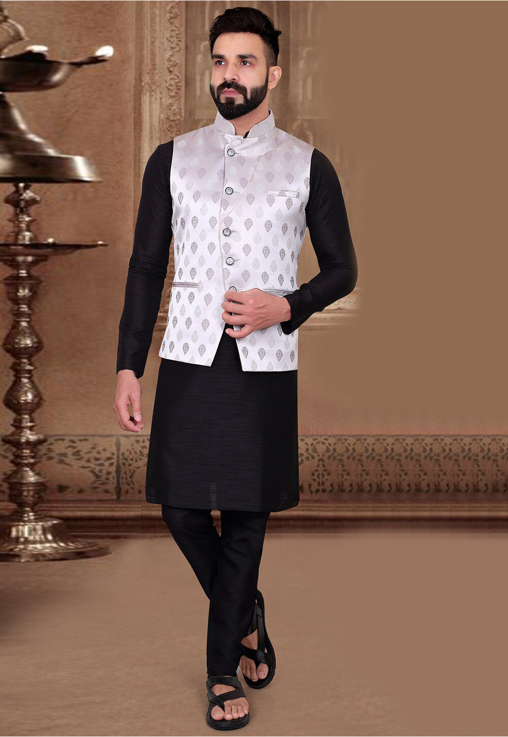 White kurta top and black waistcoat