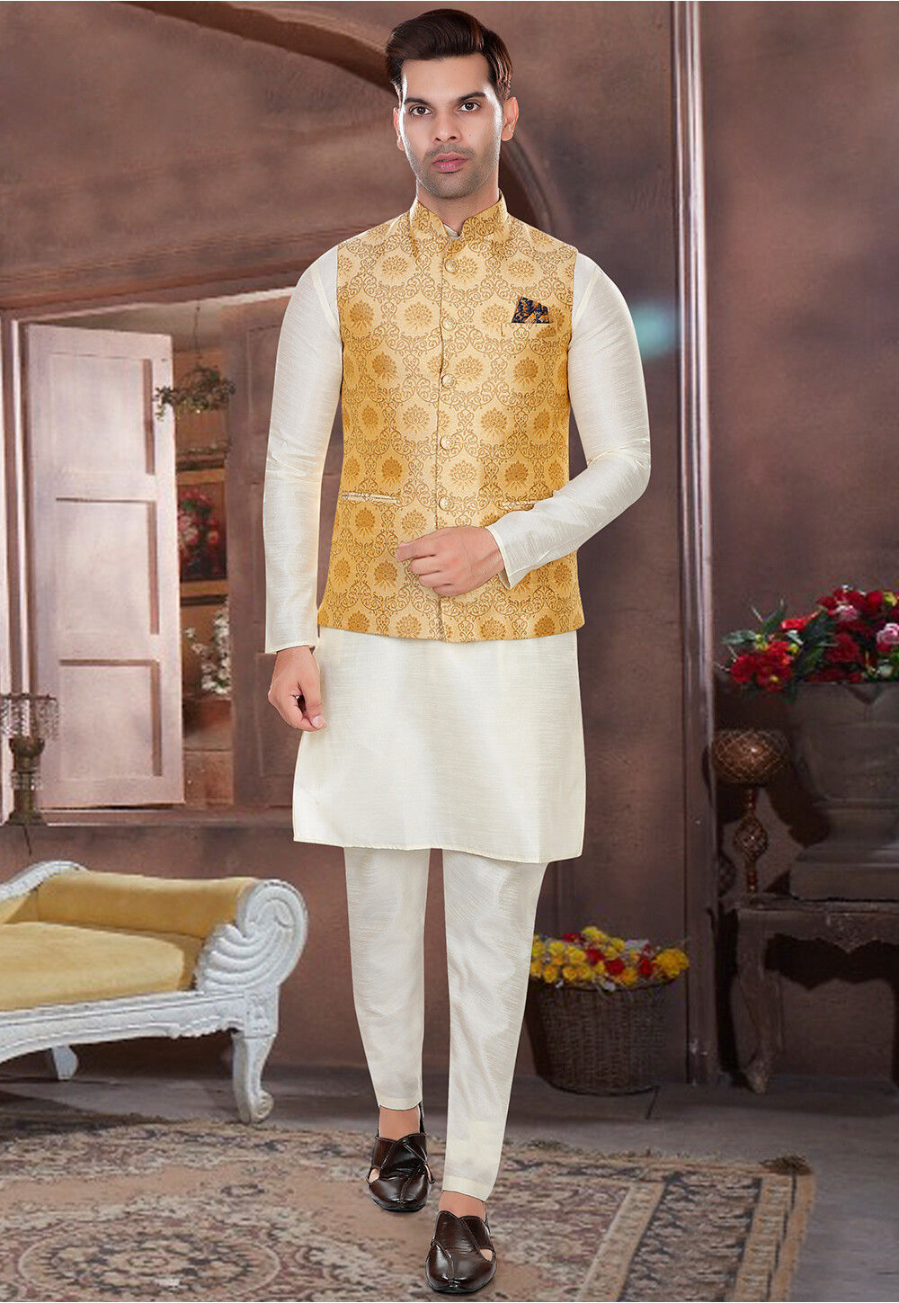 White kurta pajama with golden jacket outlet