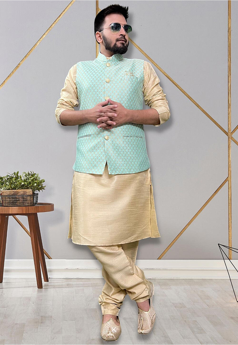 Buy Light Green Banarasi Silk Nehru Jacket (NMK-5686) Online