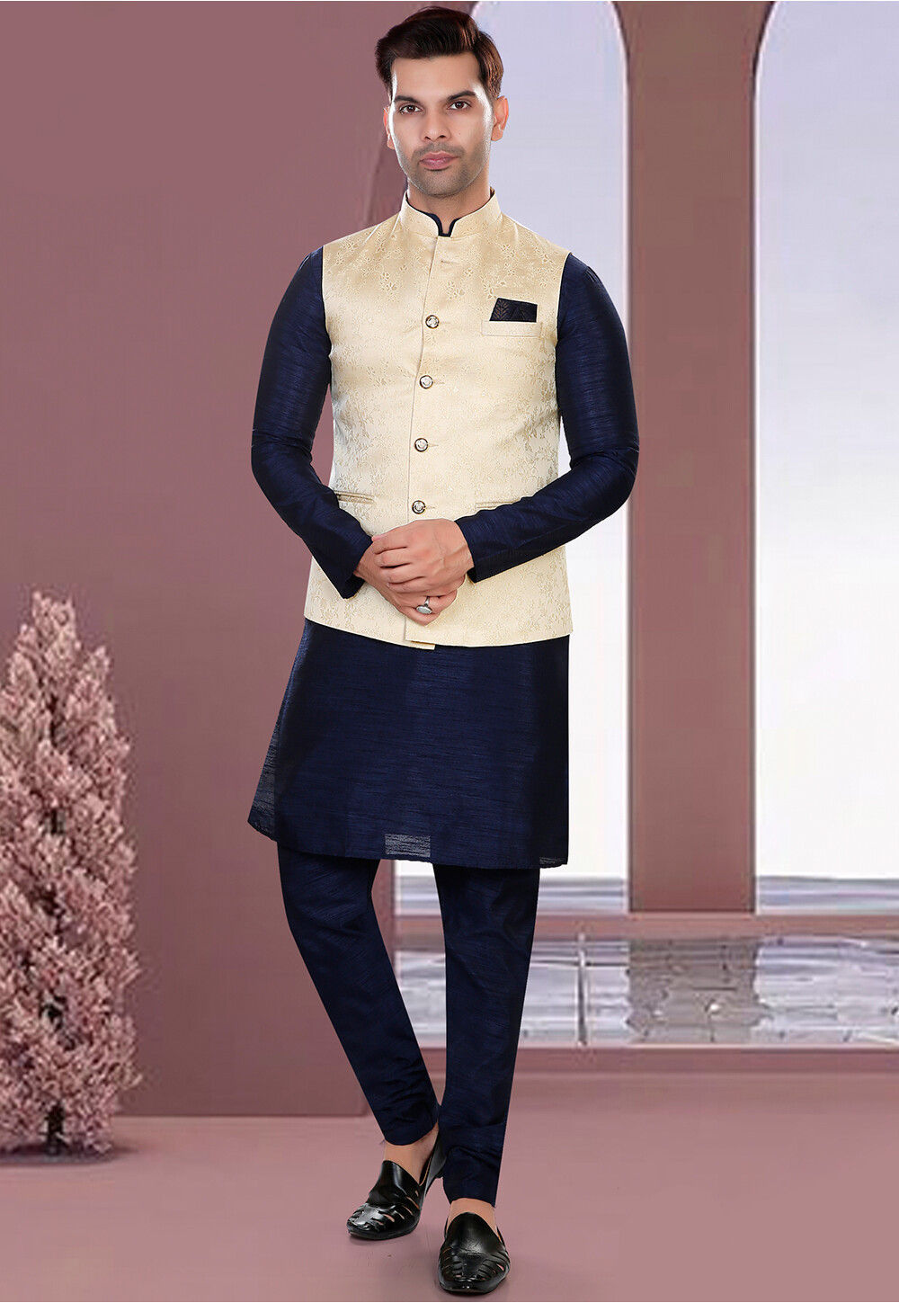 Woven Art Silk Kurta Jacket Set in Navy Blue and Cream