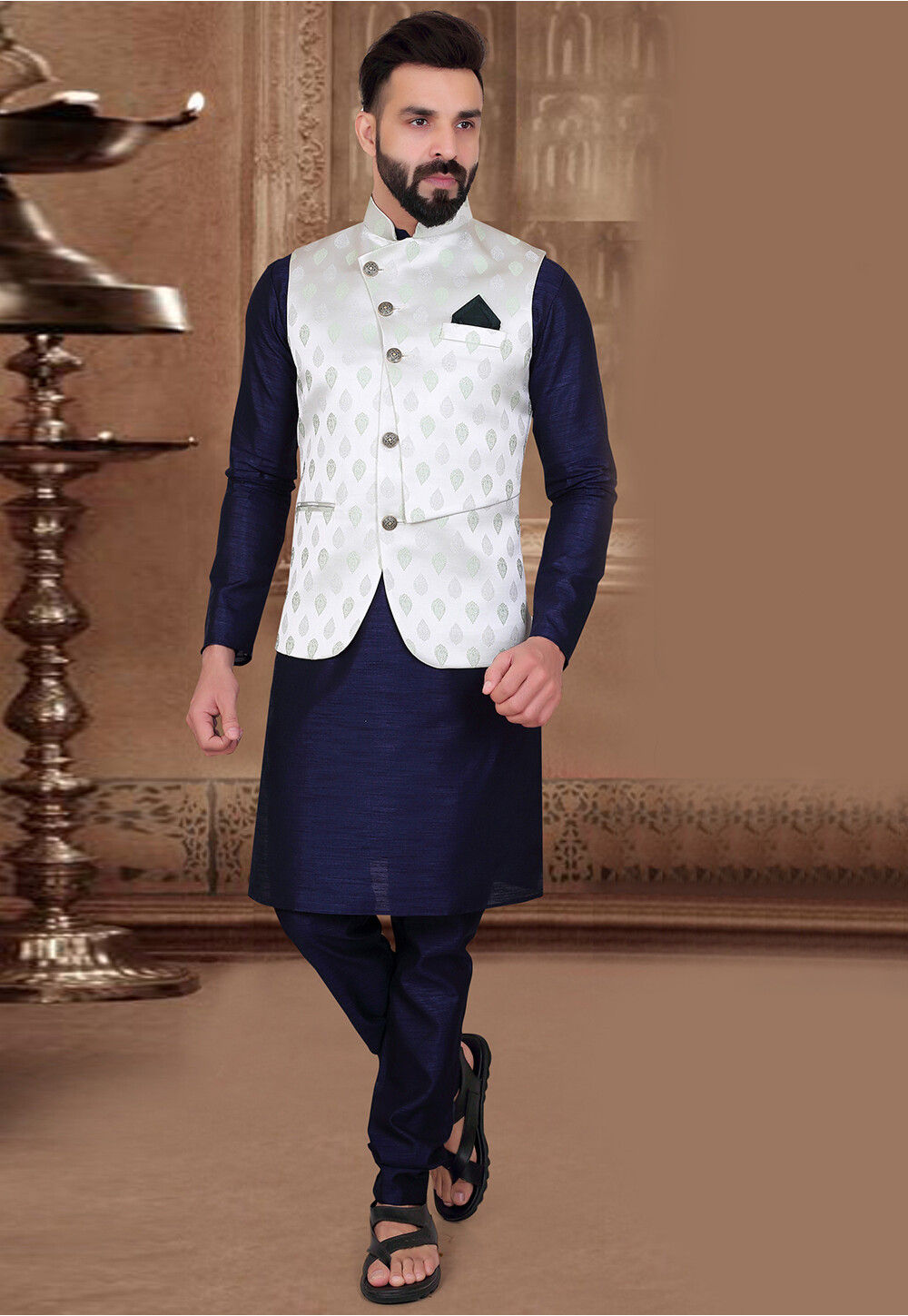 Woven Art Silk Kurta Jacket Set in Navy Blue and White MHG1977
