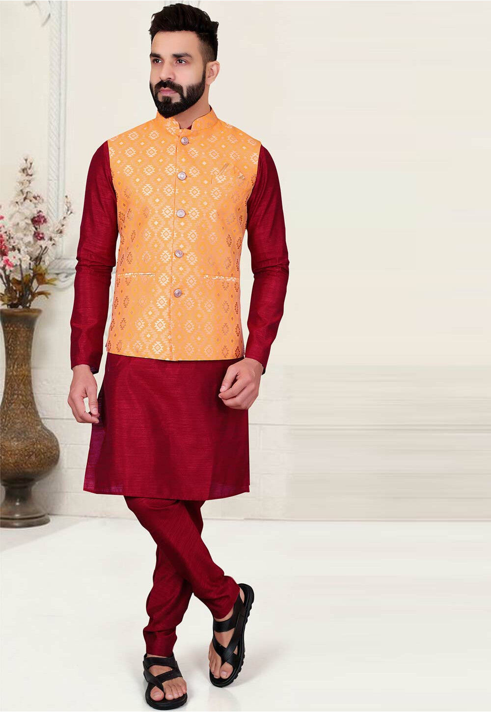 Silk Red Kurta Pyjama With Jacket at Rs 875/piece in Mumbai | ID:  23373446355