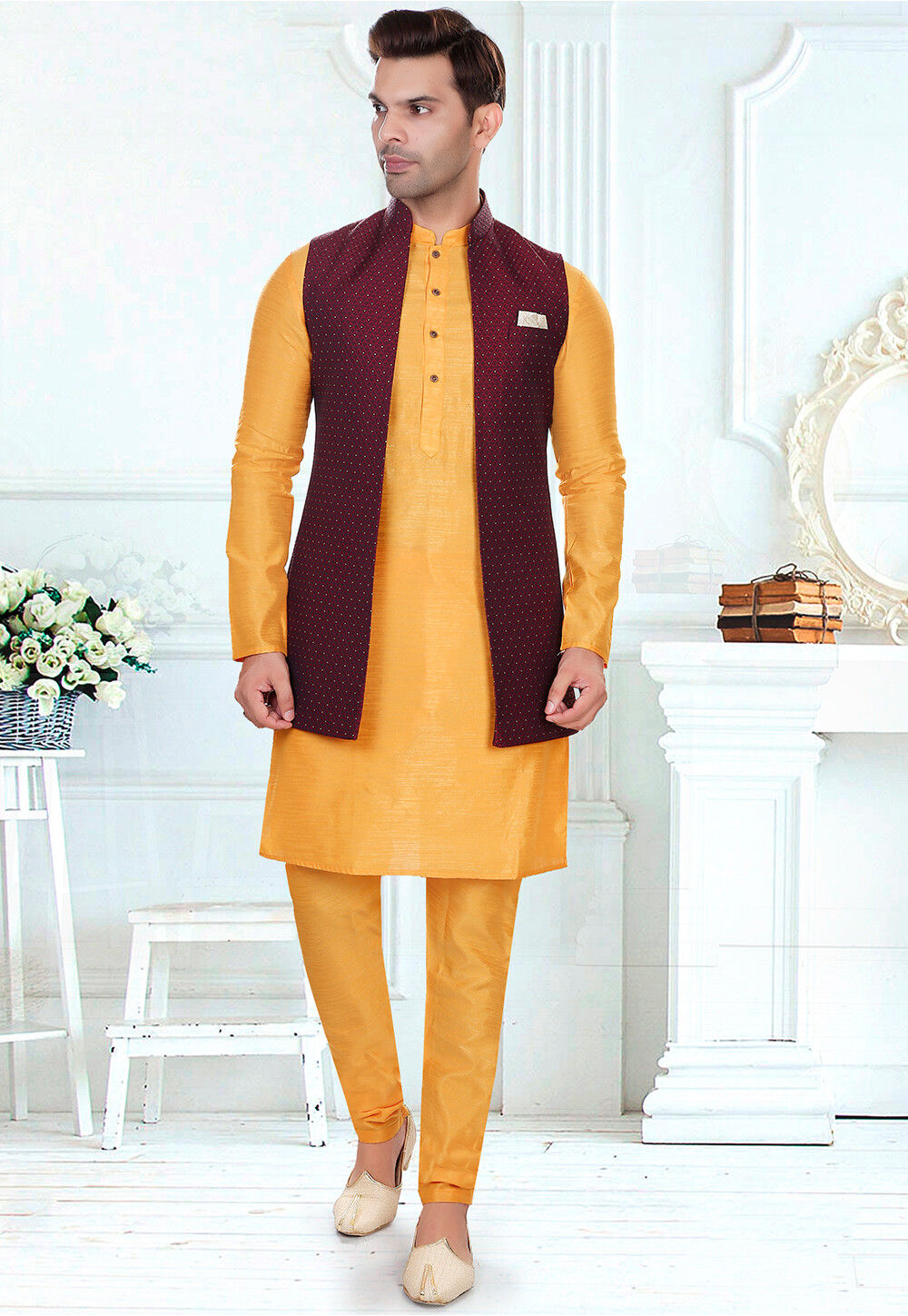 Woven Art Silk Kurta Jacket Set in Yellow and Maroon Kurta Pyjama
