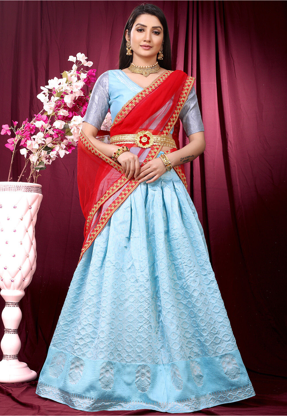 Buy Charming Blue Floral Printed Banglory Silk Wedding Lehenga Choli from  Designer Lehenga Choli