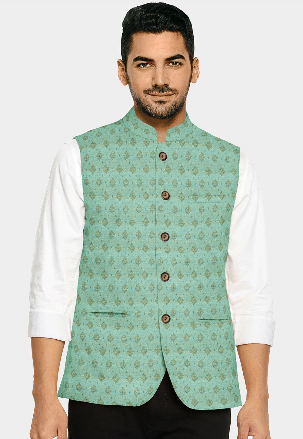 Solid Light Green Casual Nehru Jacket For Men | Amogue