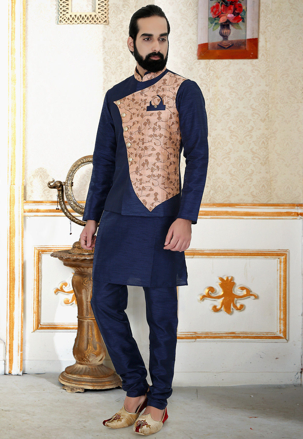 Woven Art Silk Overlapping Nehru Jacket in Navy Blue and Peach : MHG1275