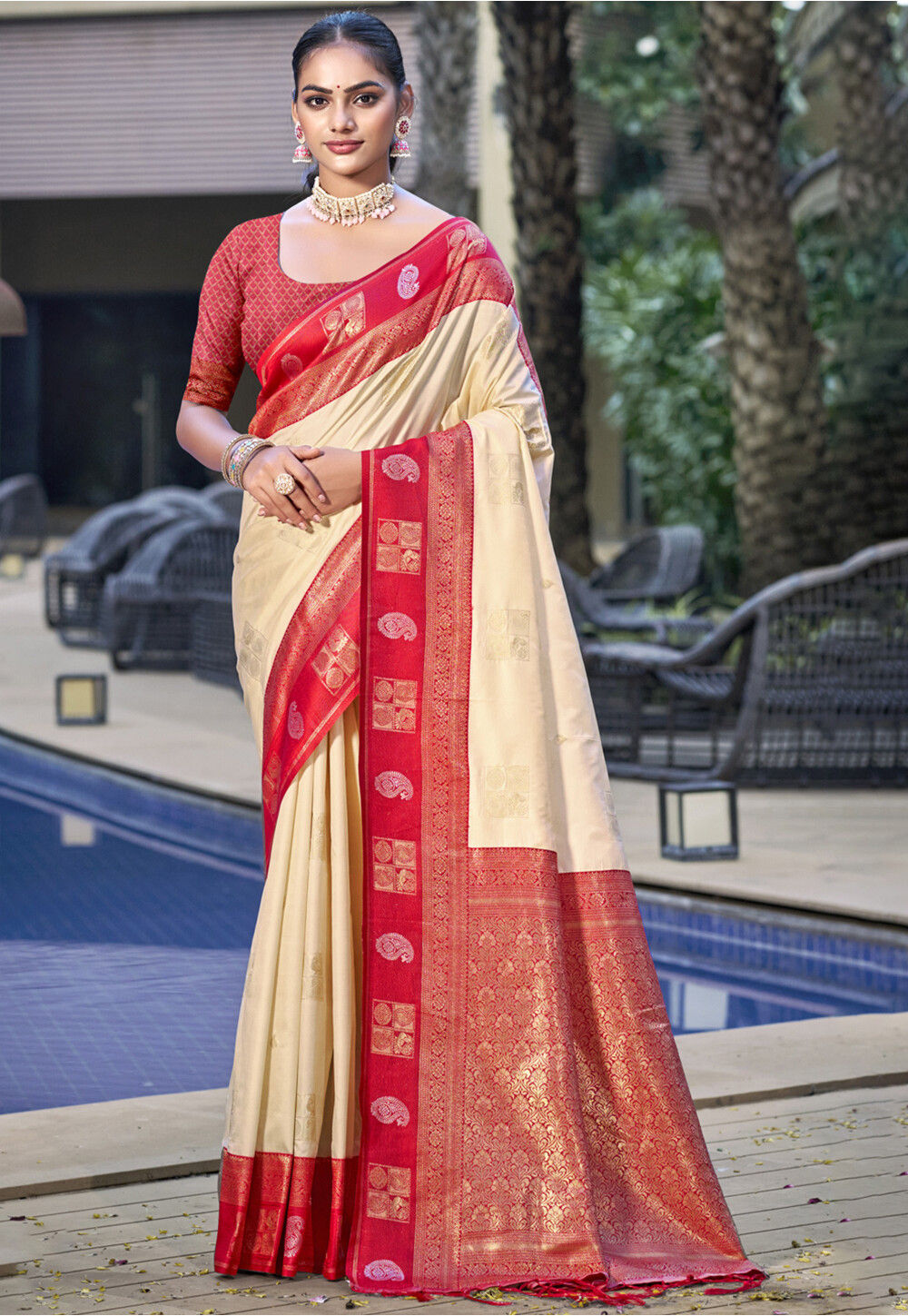 Cream Woven Design Art Silk Saree