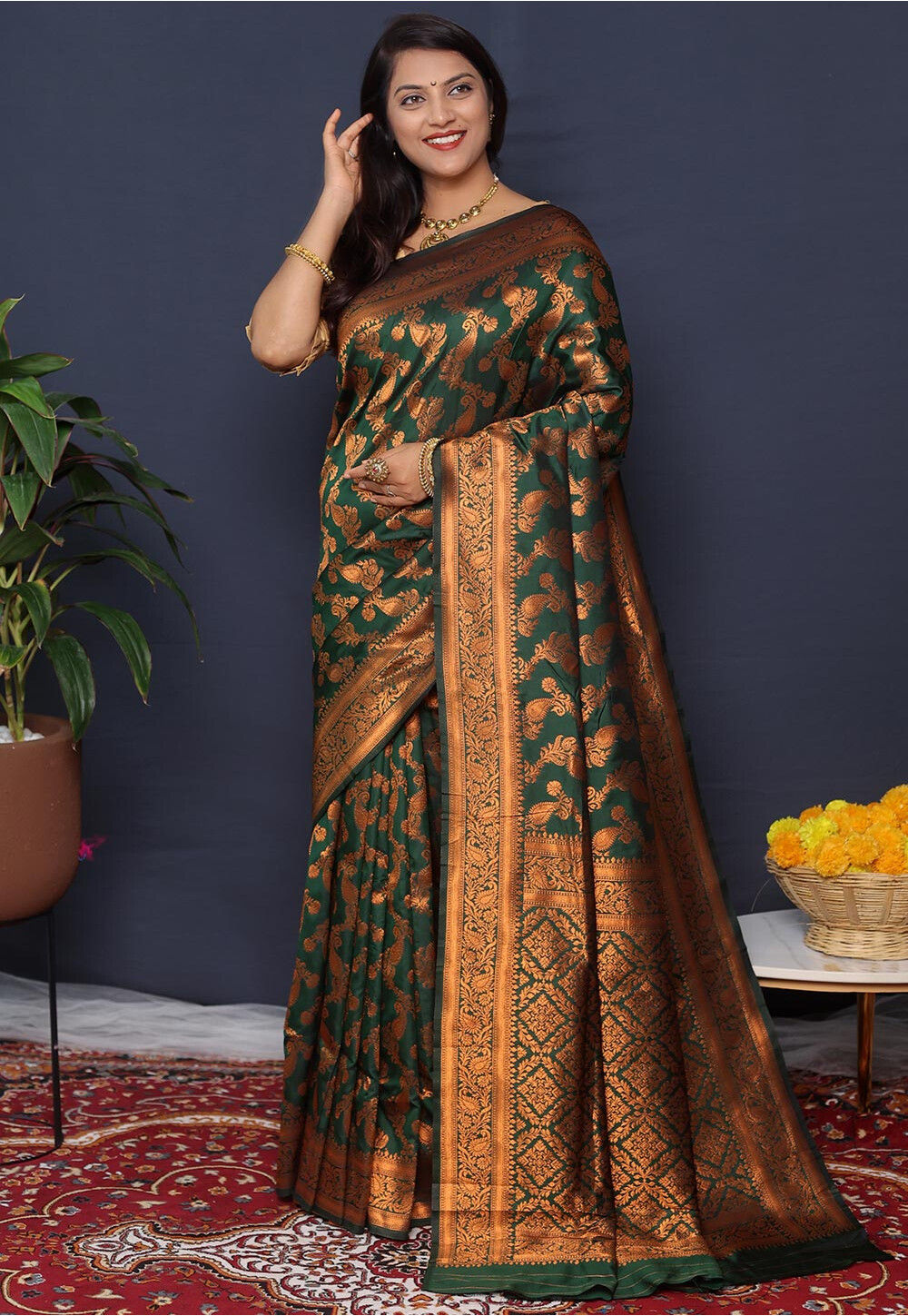 Dark Green Woven Silk Saree main image 0
