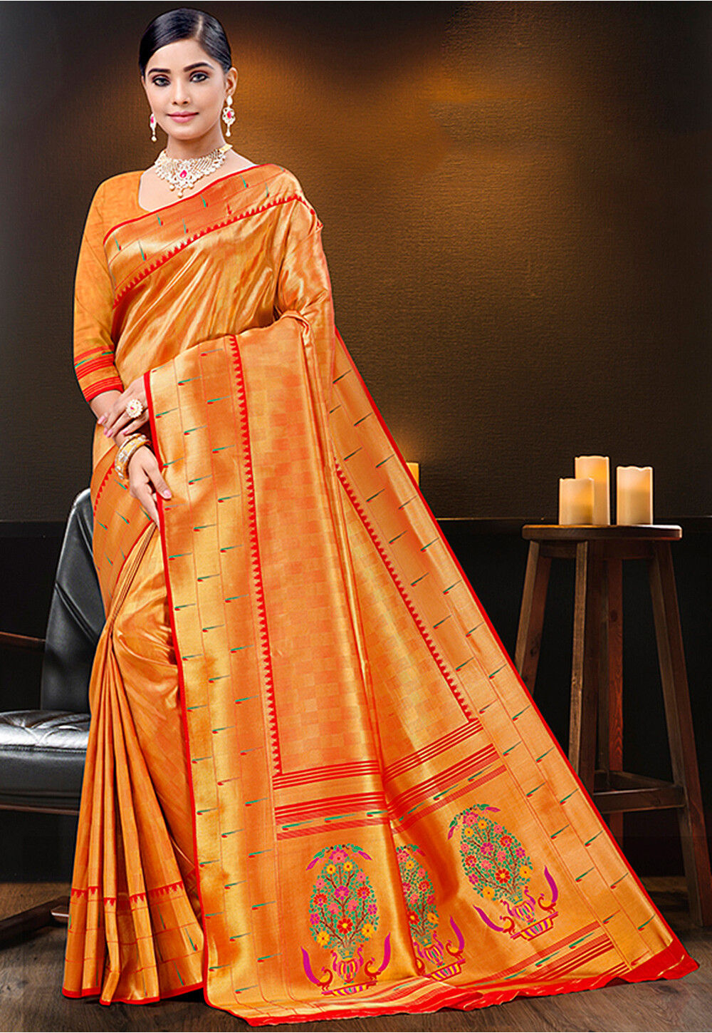 Orange Color Banarasi Silk Saree With Silk Weave And Contrast Blouse