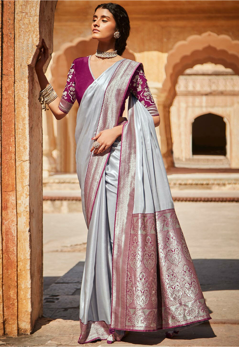 Designer Grey Weaving Zari Resham Border Bollywood Sari Silk Wedding Wear Saree 