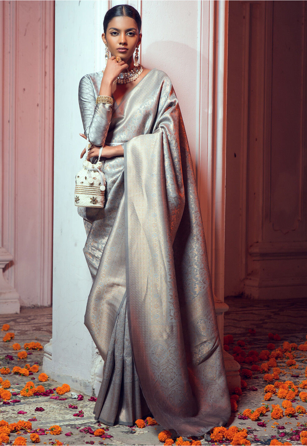 Women  Printed Pure_Cotton Ethnic Light_Grey Saree