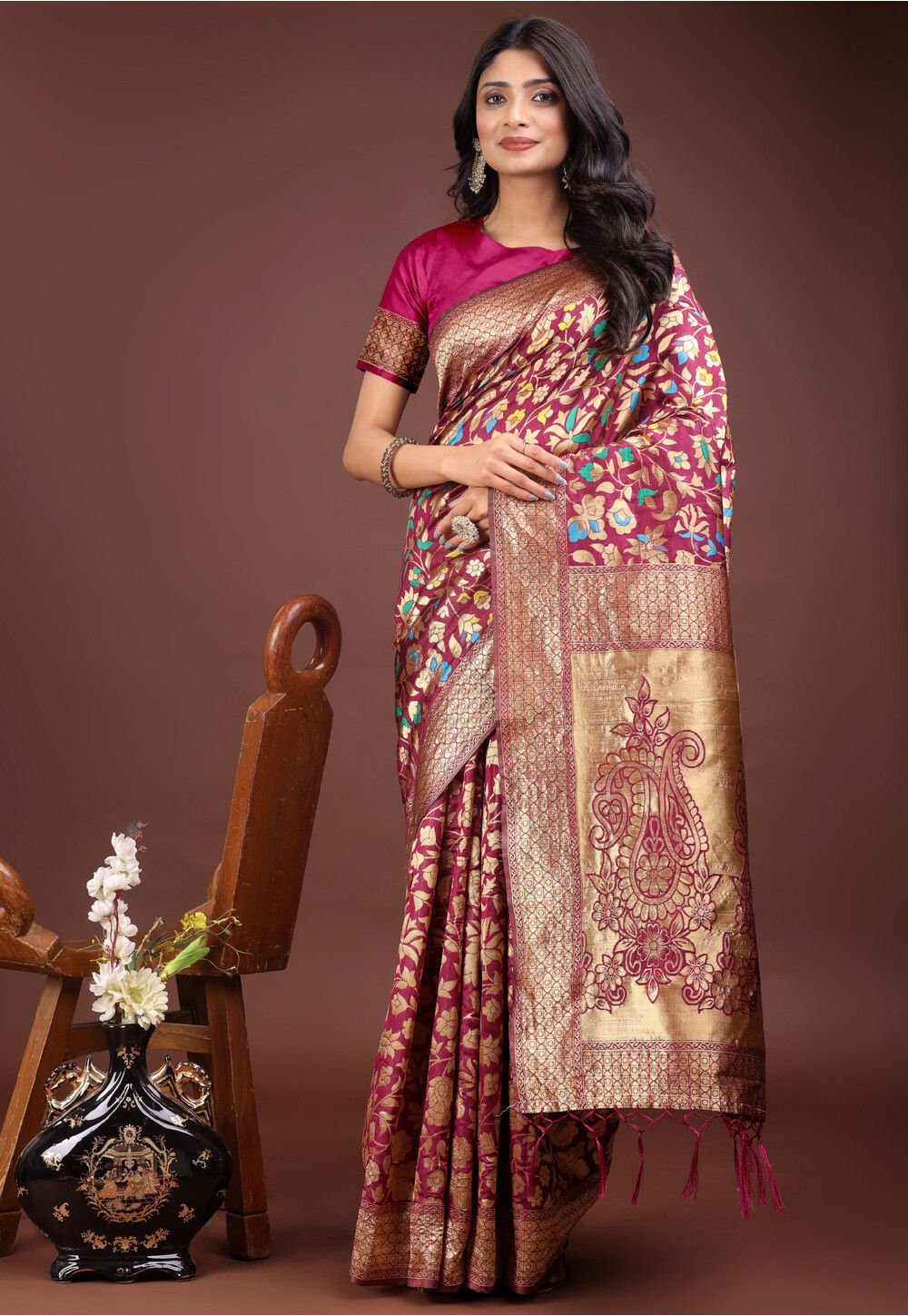 Buy Woven Art Silk Saree in Magenta Online : SPF14414