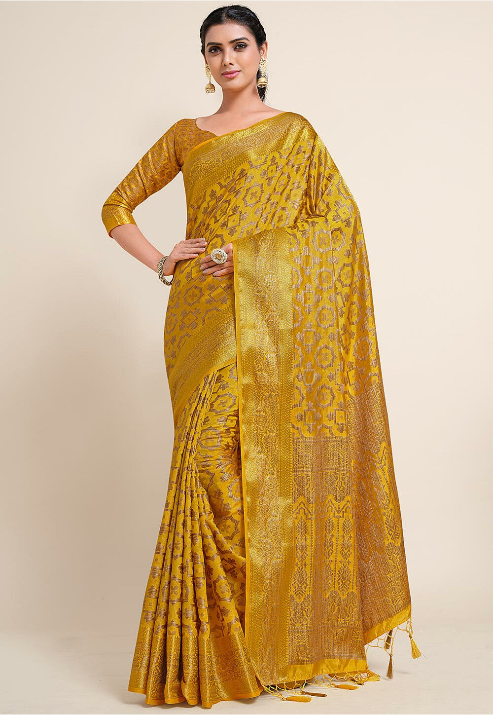 Woven Bangalore Silk Saree in Mustard : SNGA4196