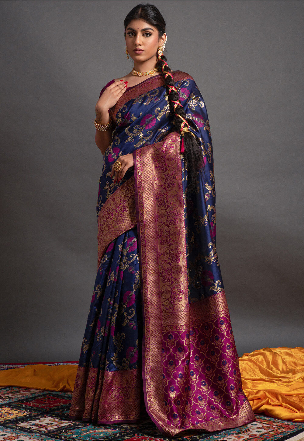 Navy Blue woven art silk saree with blouse with belt - LONDON BEAUTY -  3677206