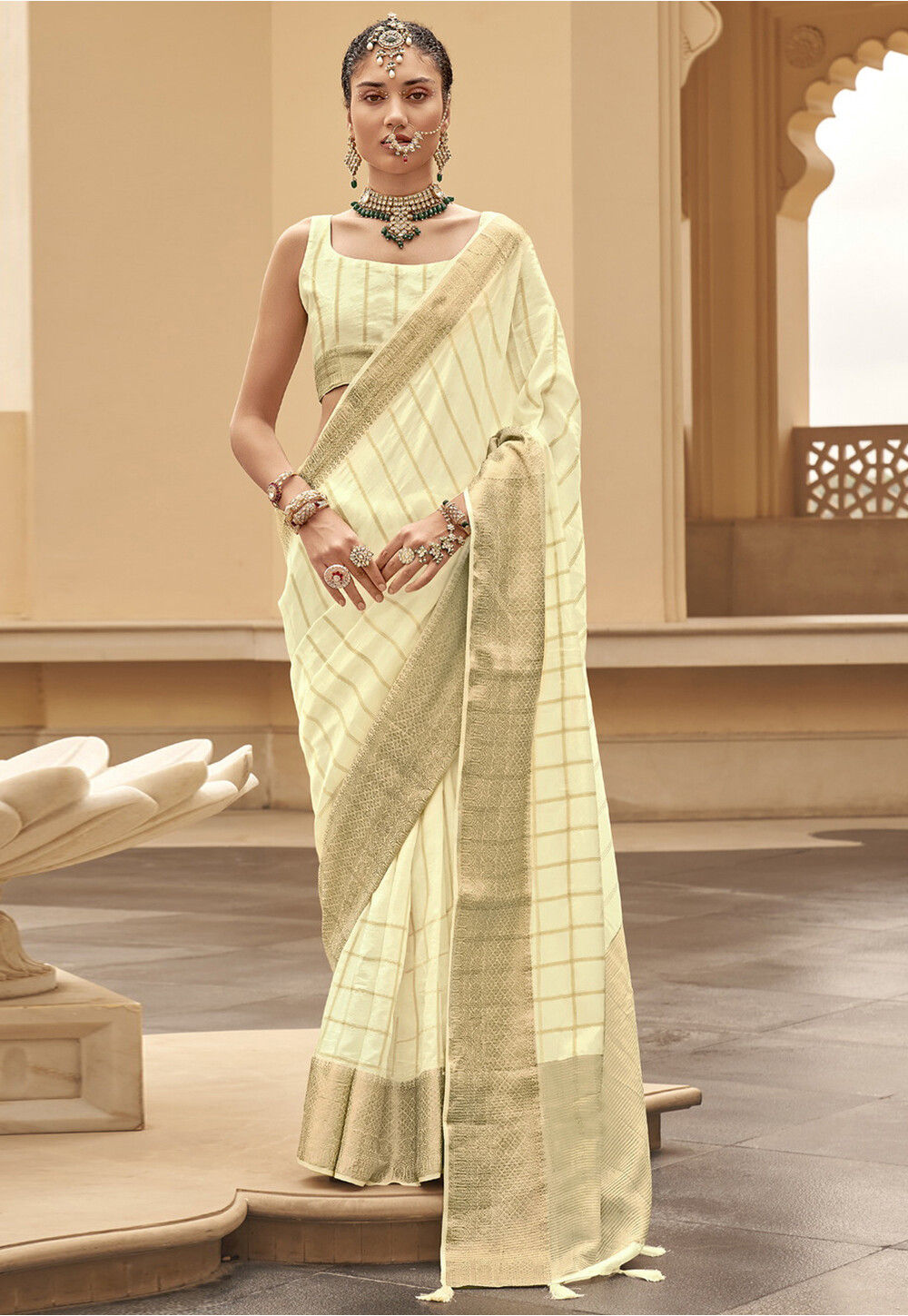 Off White Woven Satin Silk Saree