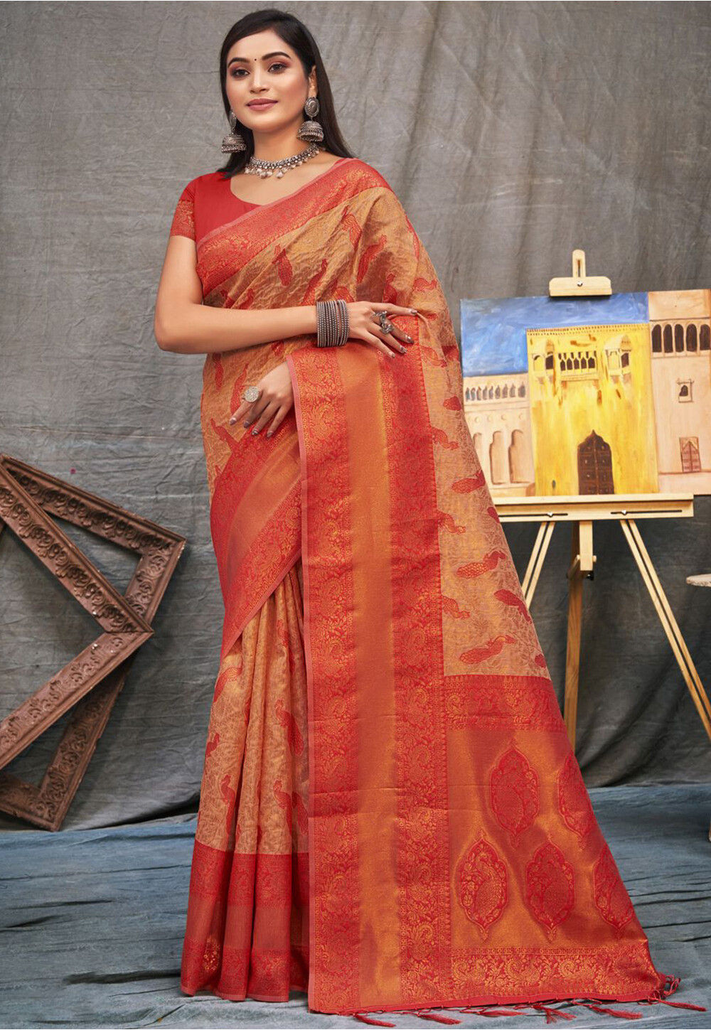 Orange color soft cotton silk saree with woven design