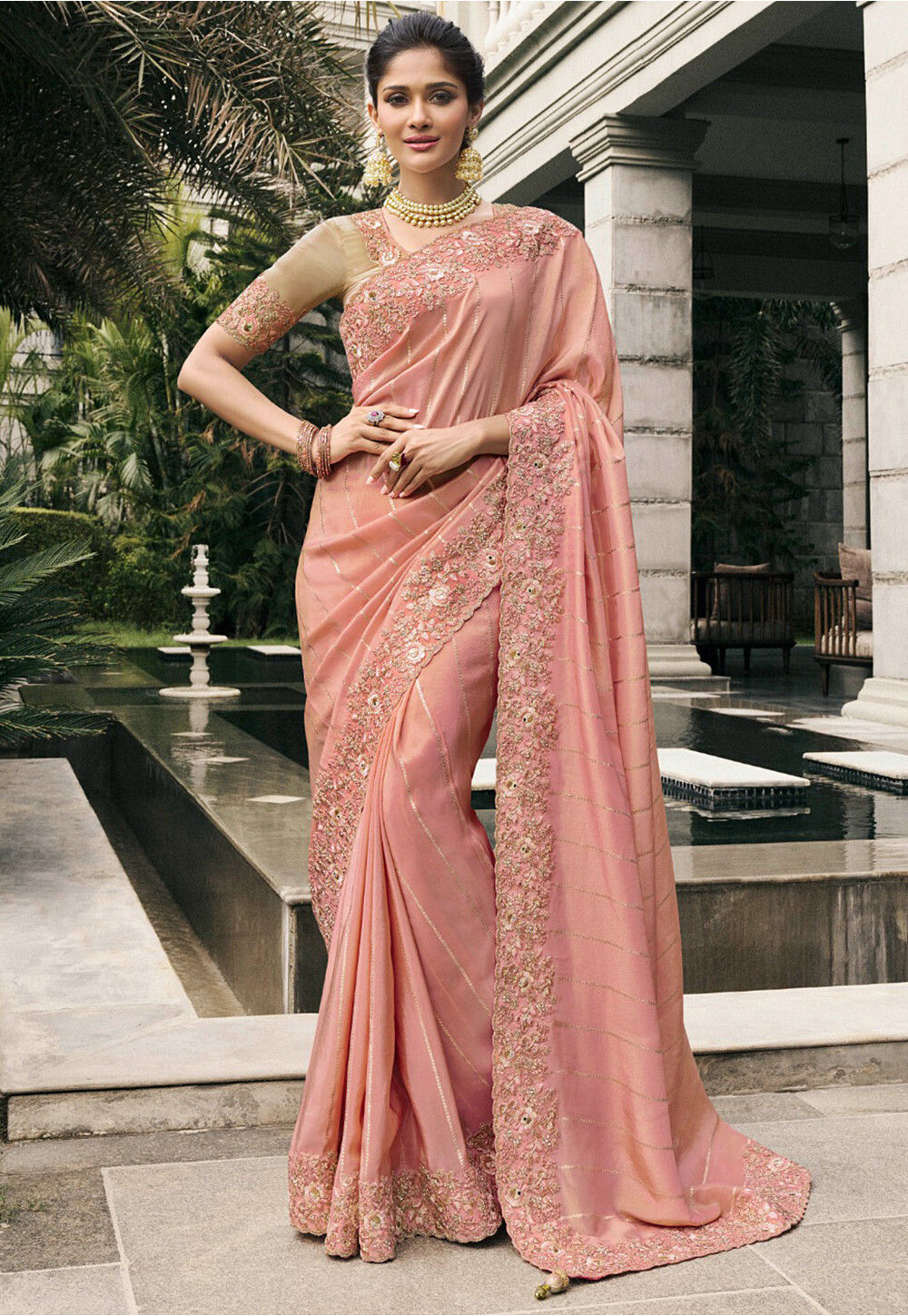 Woven Art Silk Saree in Peach Pink