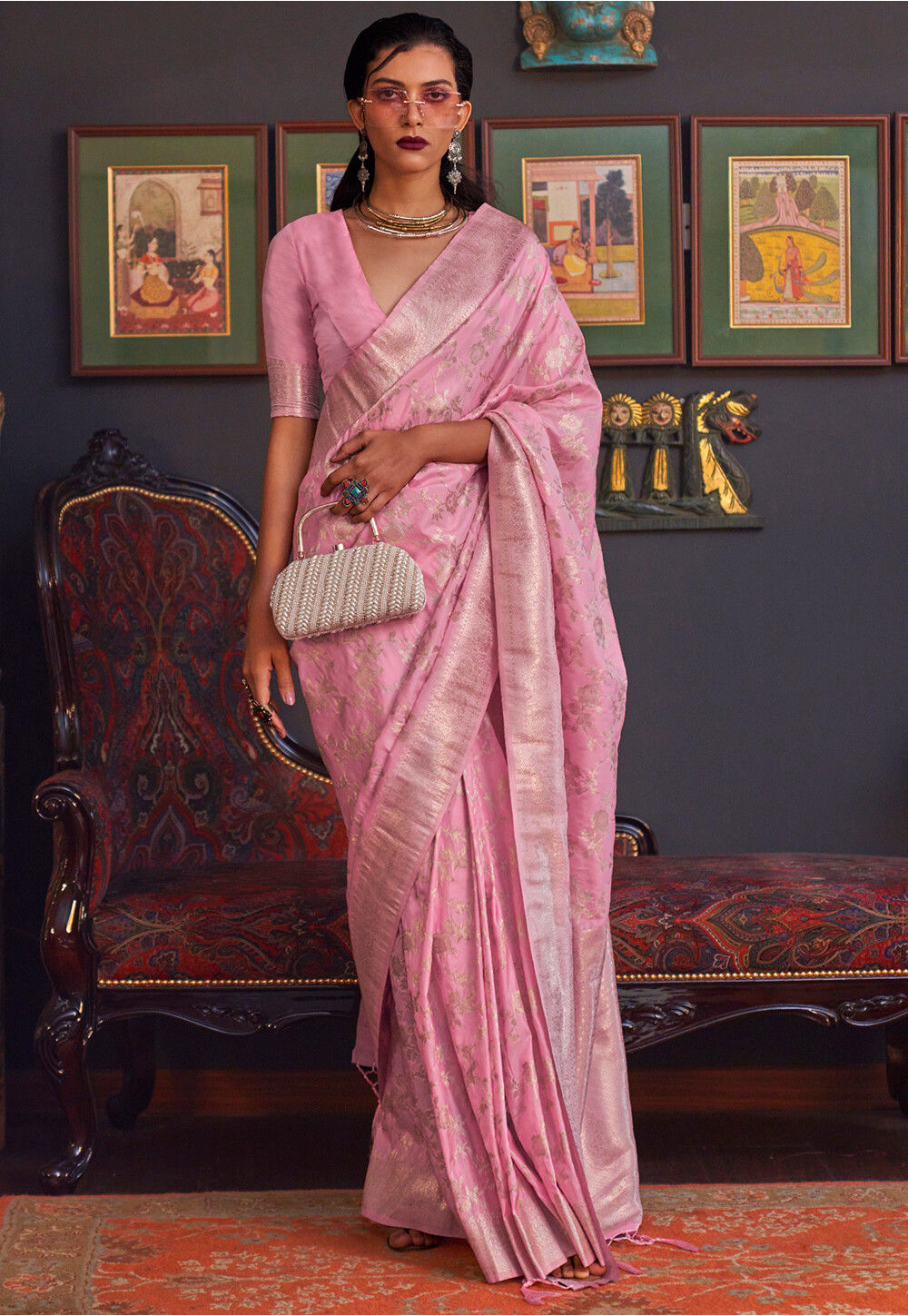 Pink art silk hand woven saree with blouse