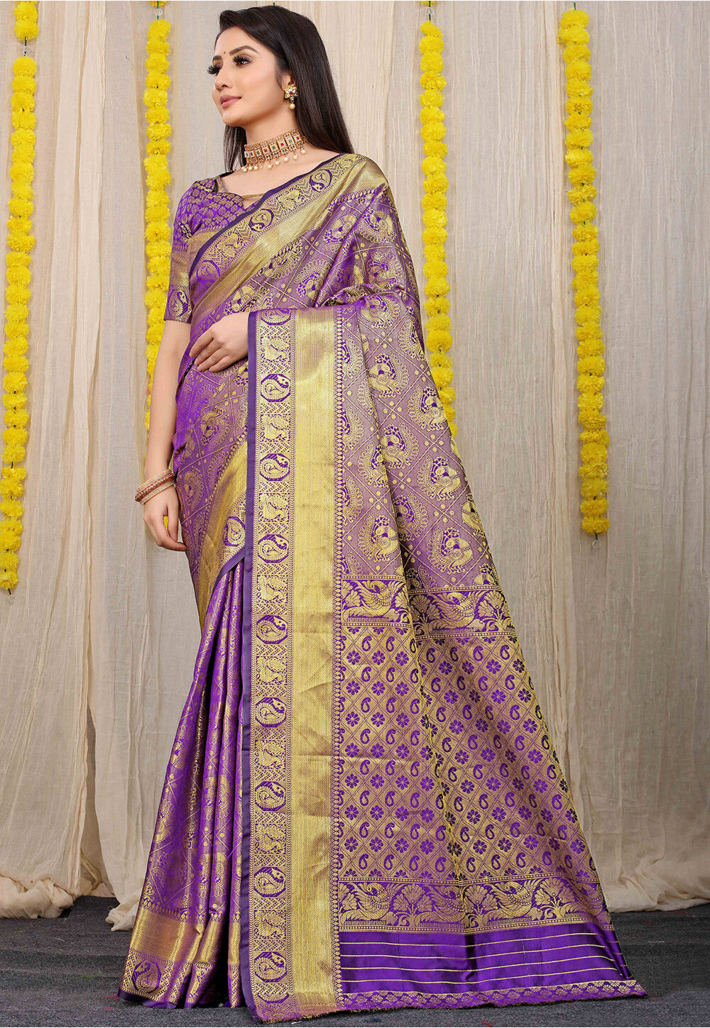  Indian Selections - Purple Art Silk Saree Sari Fabric India  Golden Border : Clothing, Shoes & Jewelry