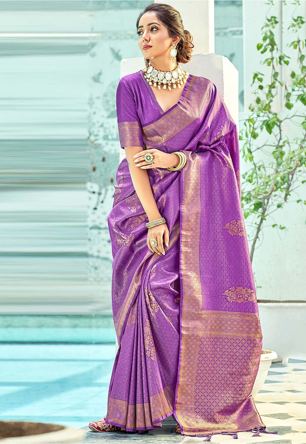 Lavender woven art silk saree with blouse - Lilots - 3609467