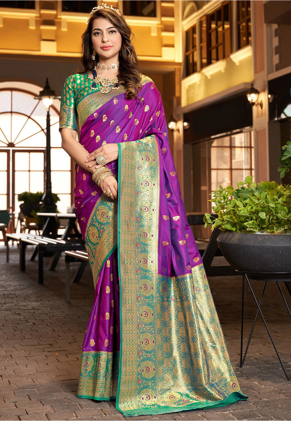 747979: Green, Purple and Violet color family Silk Sarees with matching  unstitched blouse.