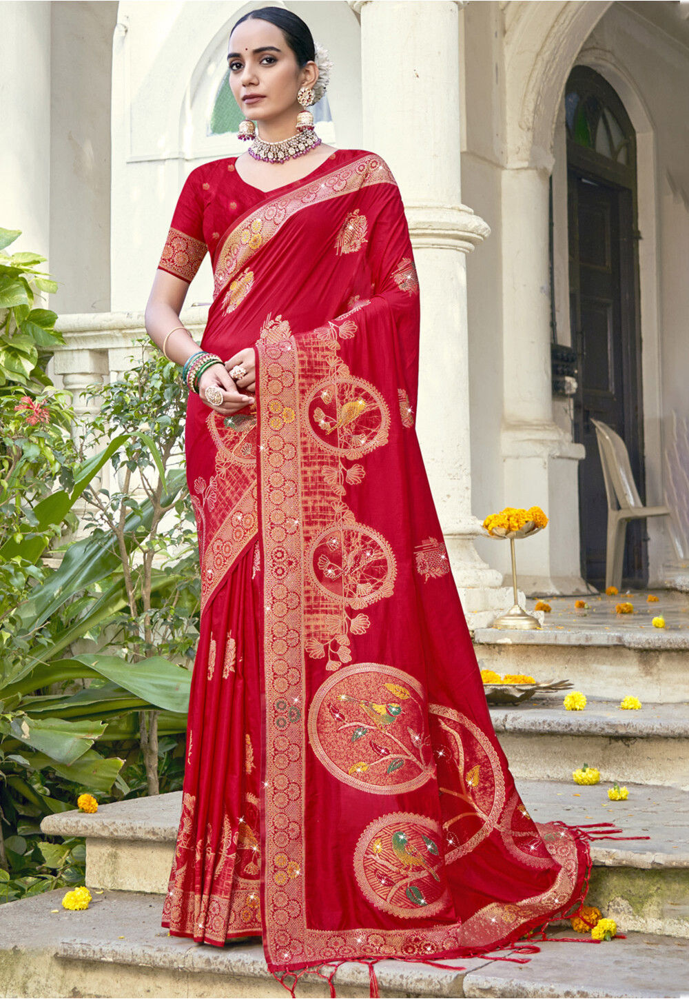 Red Bright Resham Woven Art Silk Floral Saree