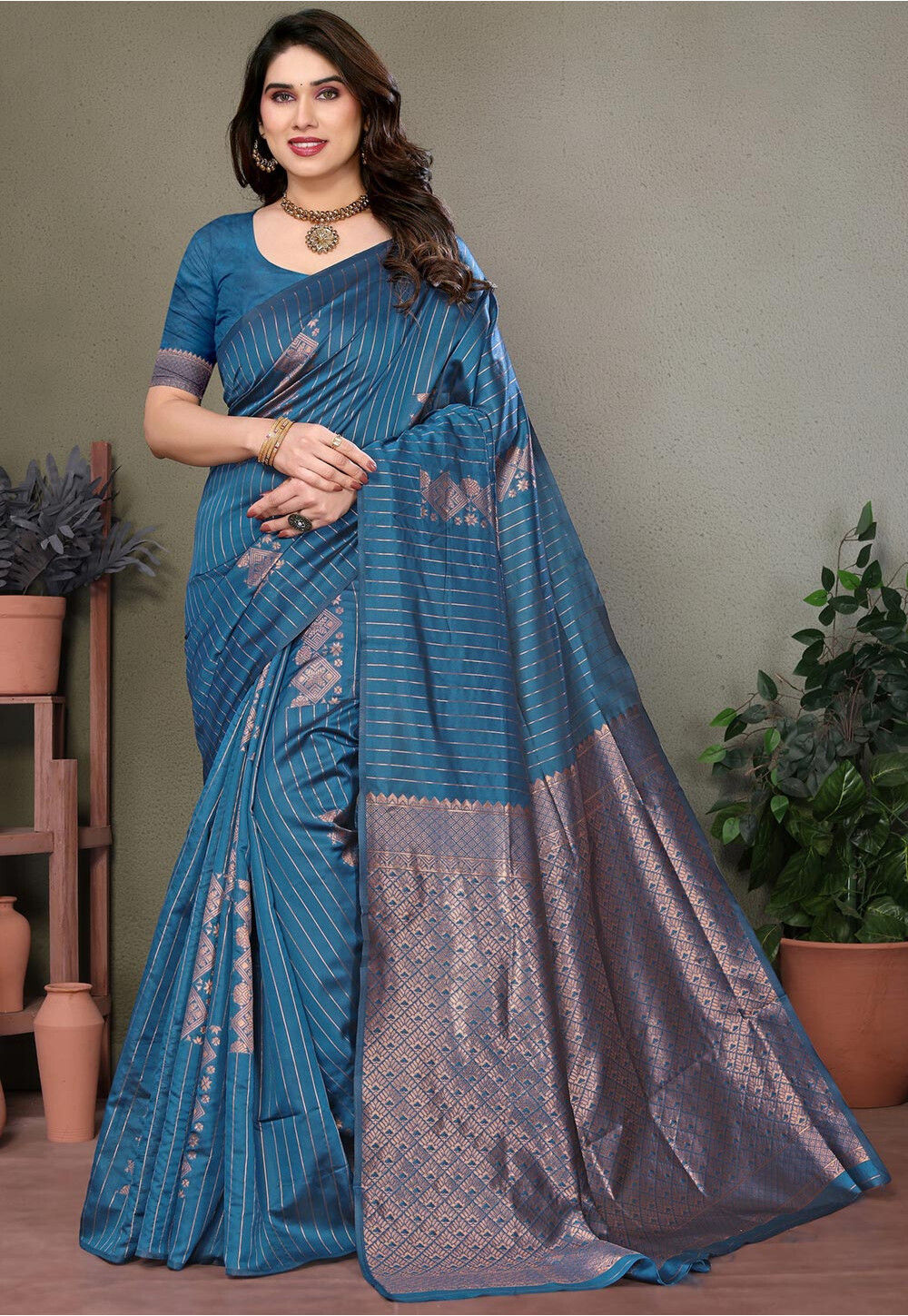 Teal Colour Silk Woven Saree