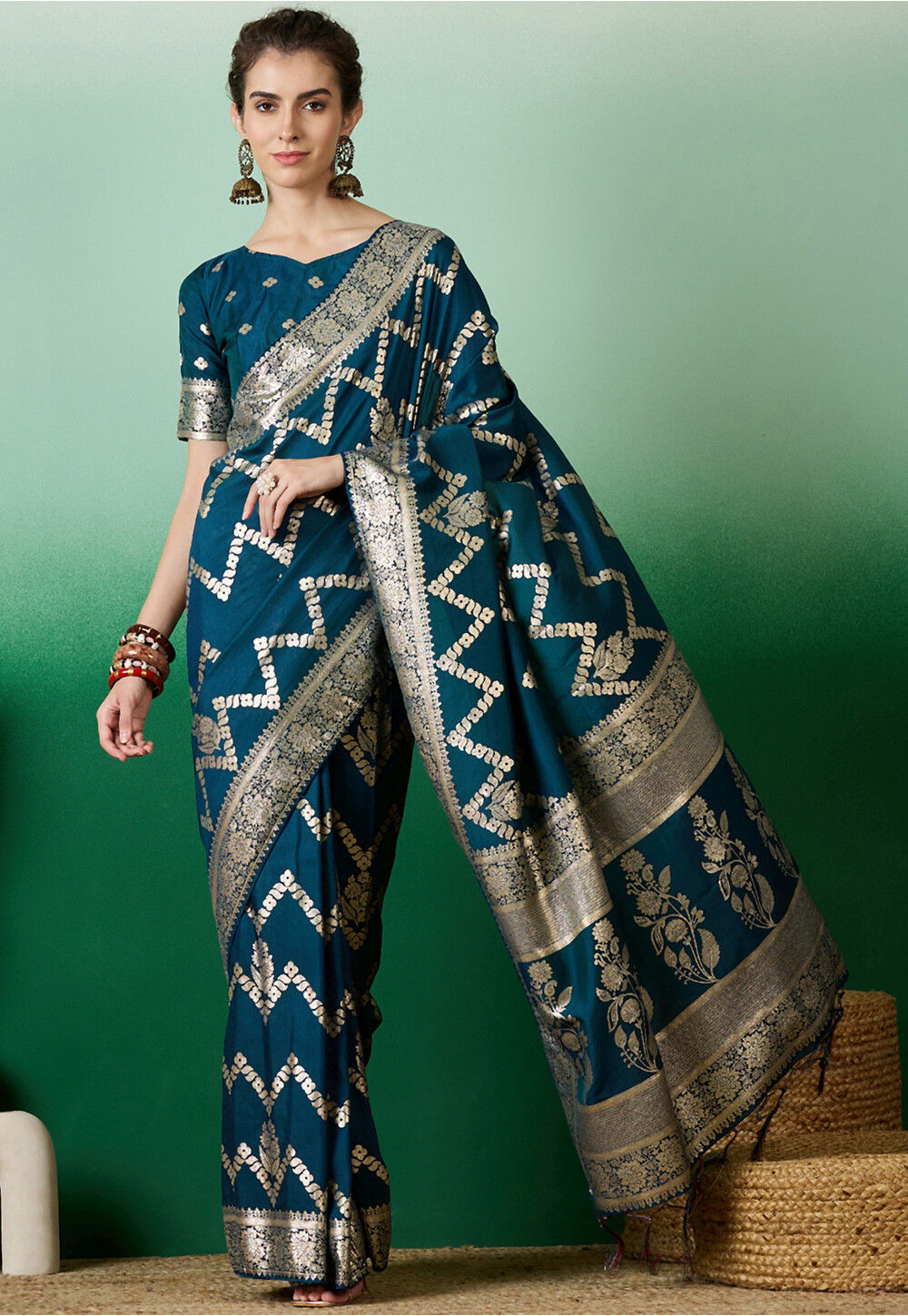 Teal Blue Silk Saree main image 1