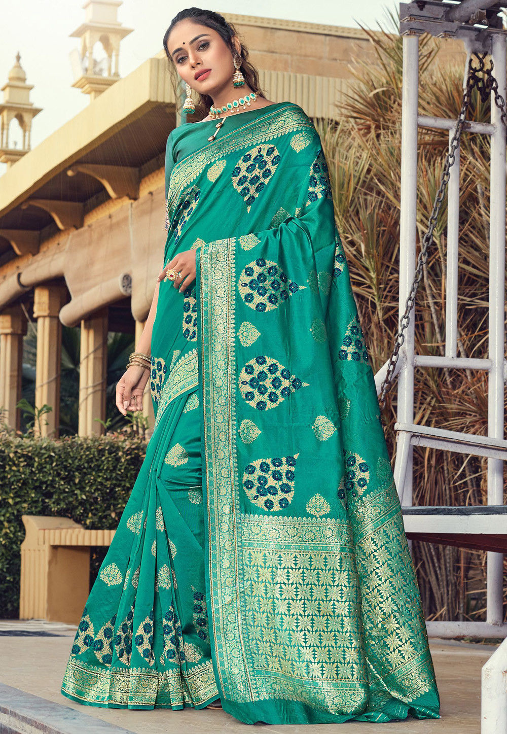 Woven Art Silk Saree in Teal Green : SPF936