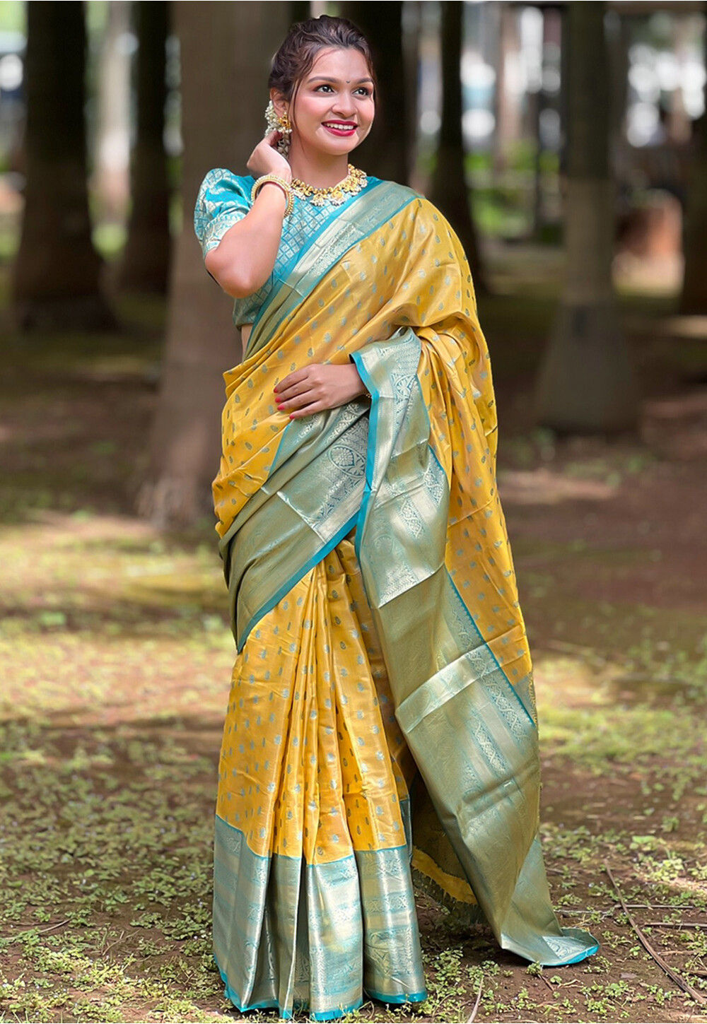Buy Woven Art Silk Saree in Yellow and Turquoise Online : SPF12528