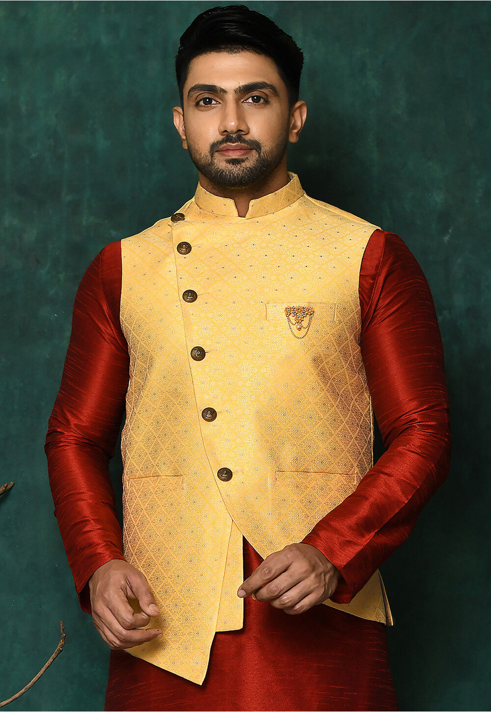 Buy Woven Asymmetric Art Silk Jacquard Nehru Jacket in Yellow Online MLC2040 Utsav Fashion