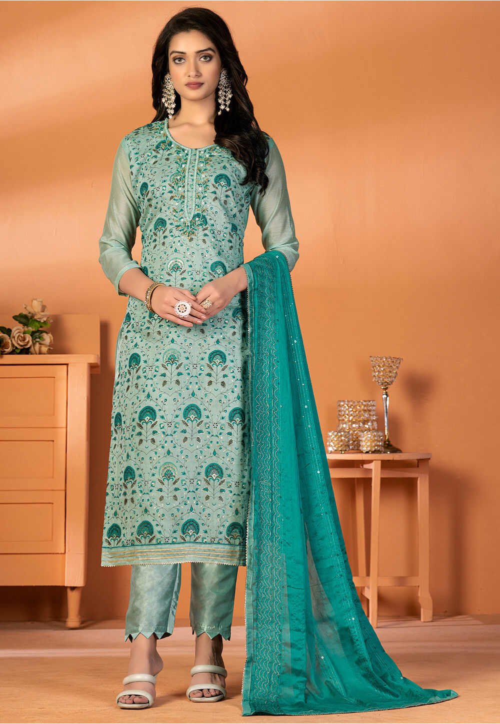 woven banarasi silk pakistani suit in sea green v4 kjc2984