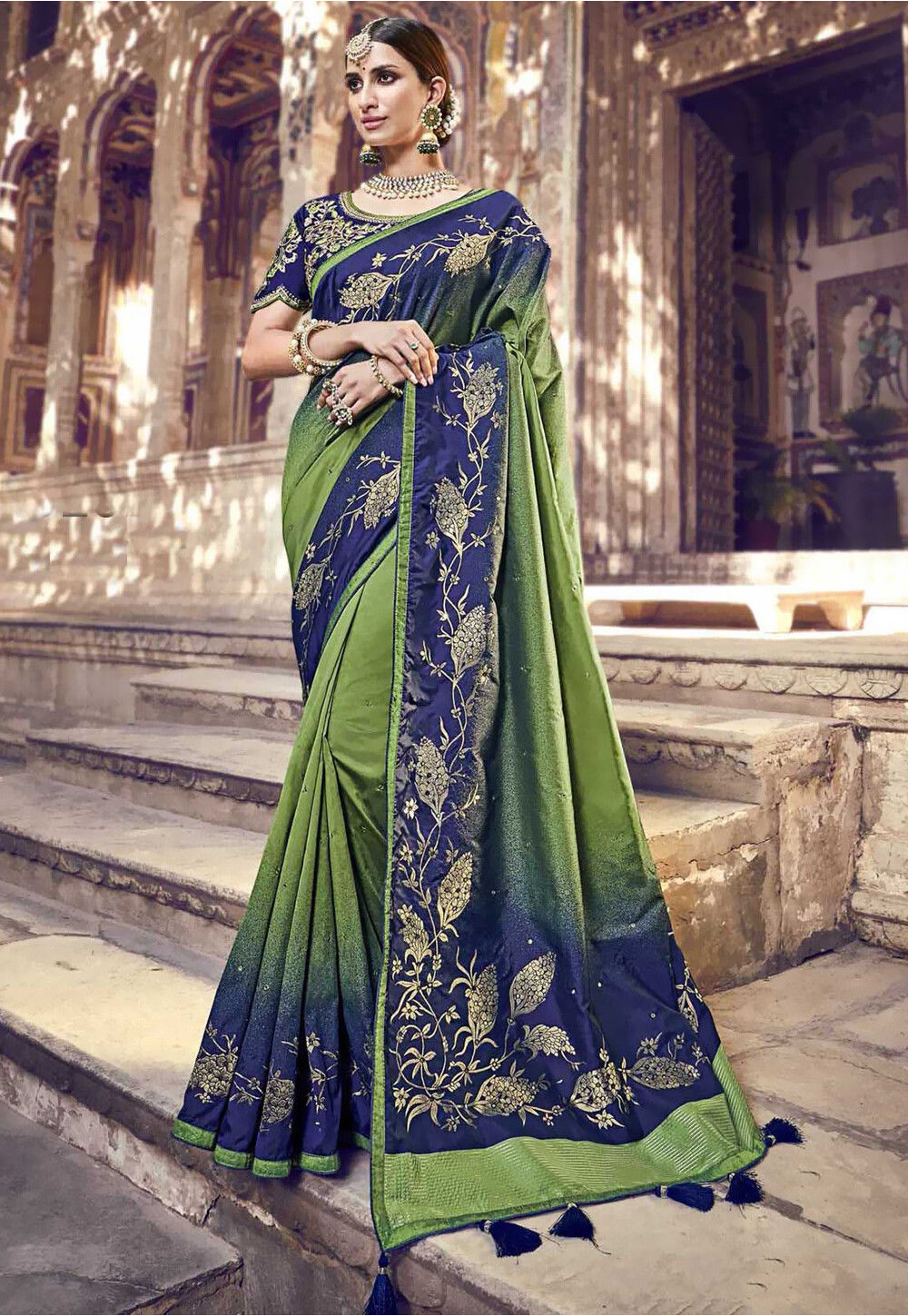 Buy Woven Border Art Silk Saree in Olive Green and Navy Blue Online SFF3377 Utsav Fashion