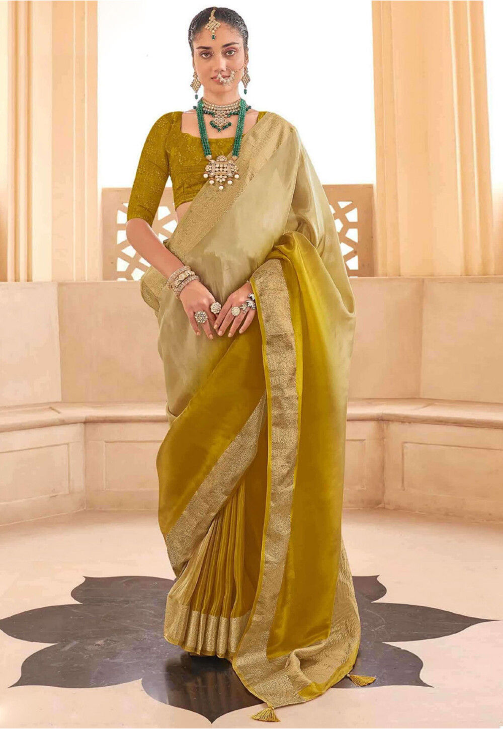 Orange Distress Print Brocade Border Art Silk Saree