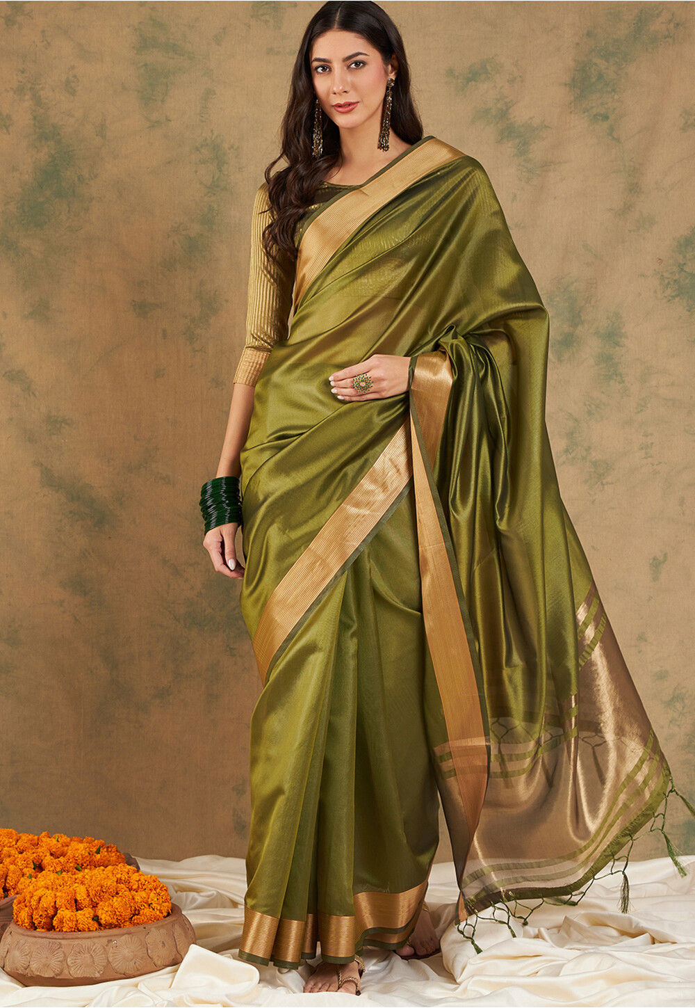 Buy Woven Border Cotton Silk Saree in Olive Green Online