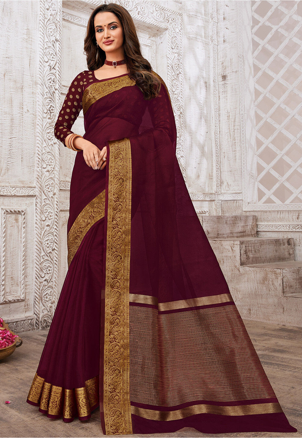 Buy Beige Lace Organza Saree Online in USA with Maroon Designer Blouse –  Pure Elegance