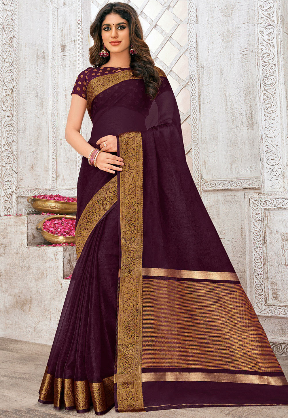 Shiny Wine Color Art Silk With Sequins Base Saree With Heavy Blouse