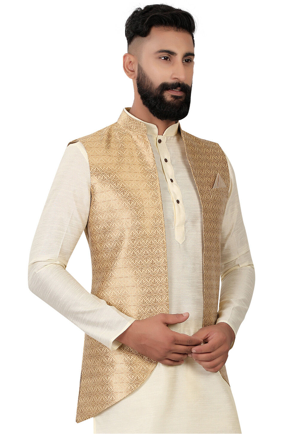 S H A H I T A J Traditional Barati/Groom/Social Occasions Silk Golden  Floral Nehru Jacket or Kothi for Adults (MW888) | Shahi Taj | Since 1960