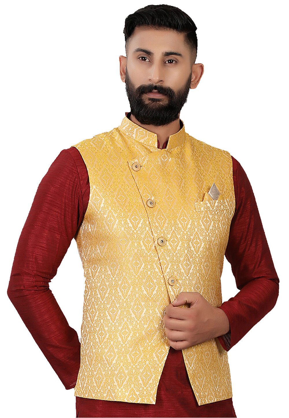 Woven Brocade Nehru Jacket in Mustard MHG2217