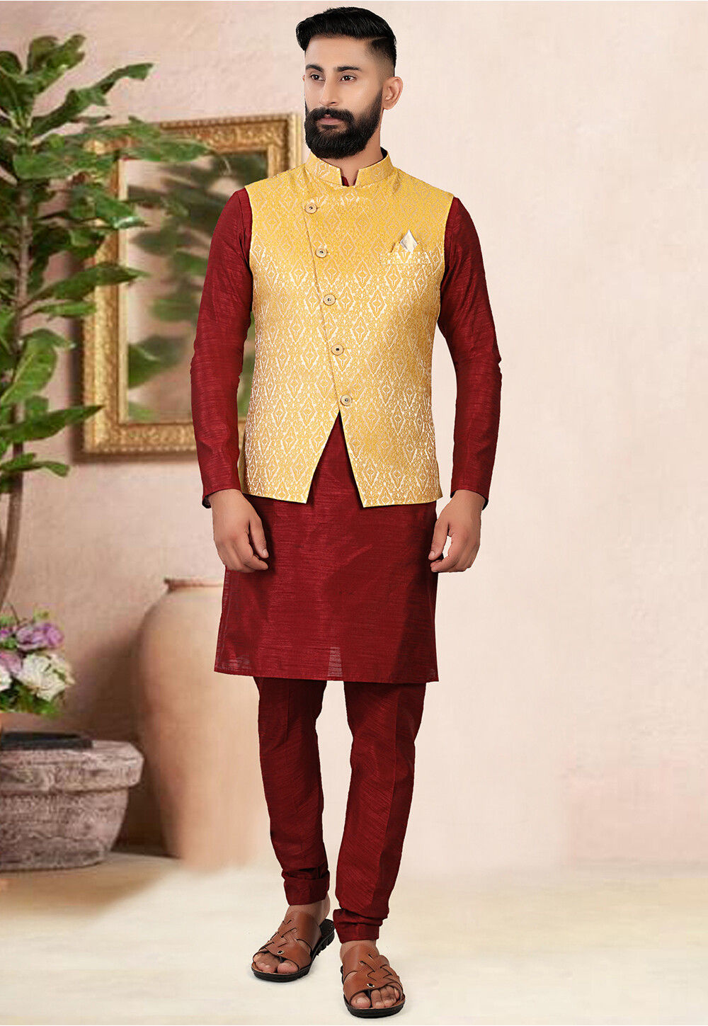 Woven Brocade Nehru Jacket in Mustard MHG2217