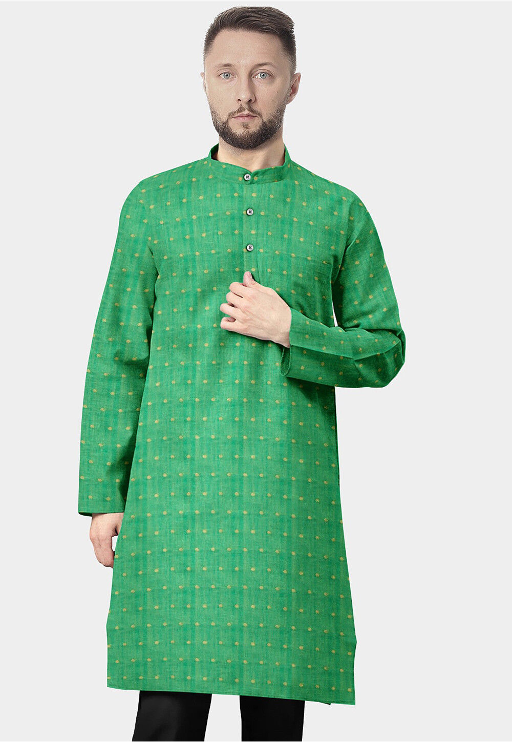 Green Yarn Dyed Chanderi Butta Straight Kurta with Trousers Co-ord Set