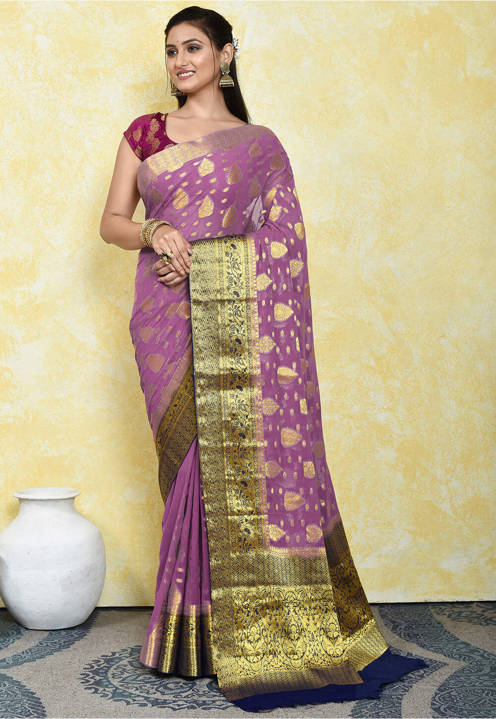 Vishal Prints Purple Chiffon Saree With Embroidery Work And Fancy Bord
