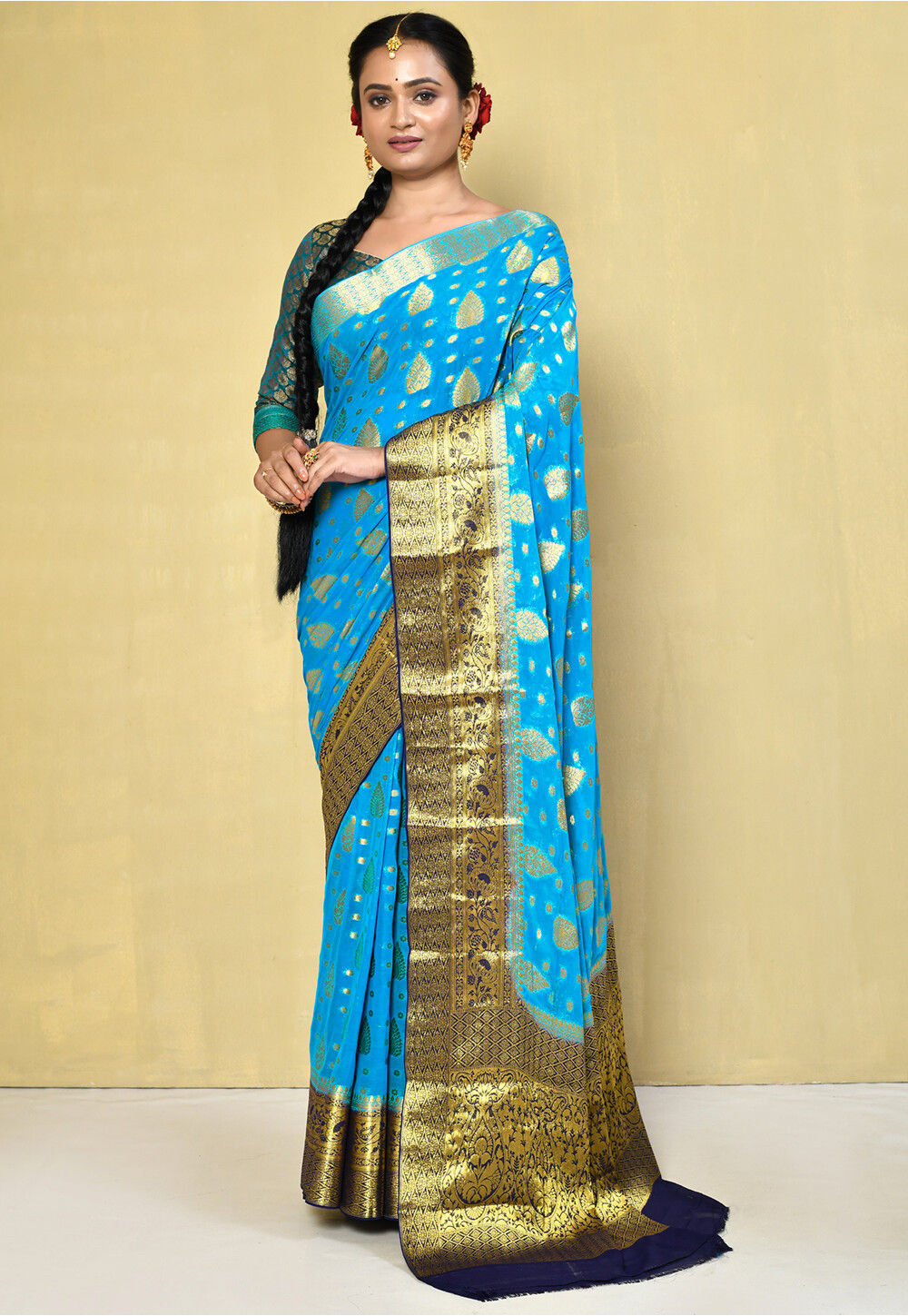 Green with Lemon Yellow Khaddi Chiffon Banarasi Handloom Saree –  IndianVillèz