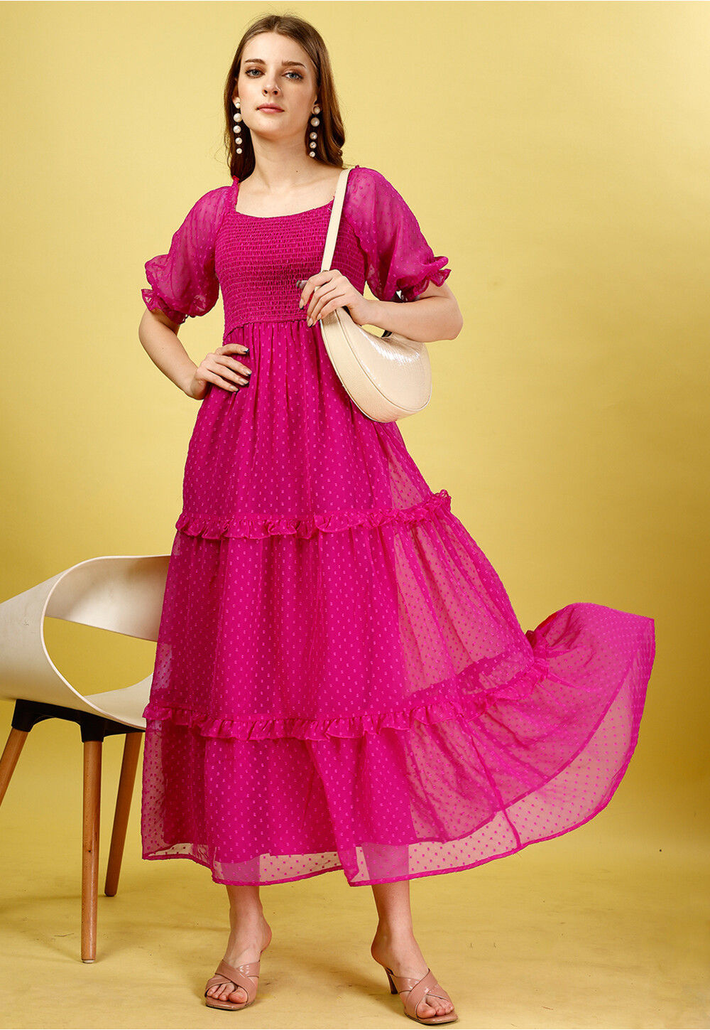 cream tailored boucle and chiffon midi dress self-portrait - Bow Detail chiffon and fine lace sleeve_type:Asymmetrical Long Winter Dresses | Color:Pink Floral Print