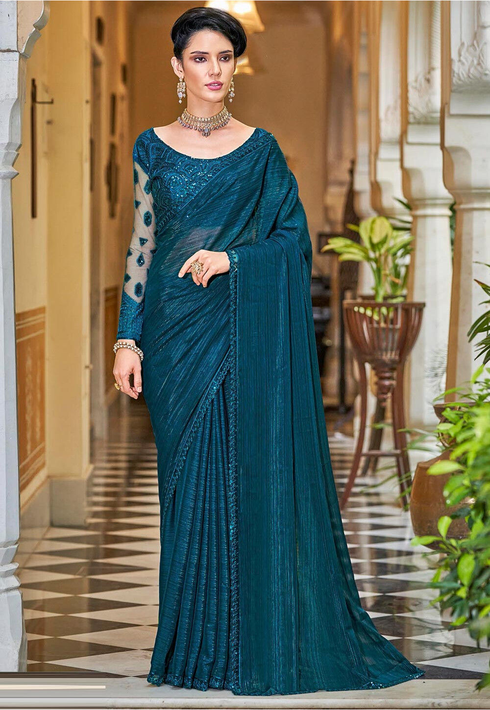 Buy Woven Chinon Chiffon Jacquard Saree in Teal Blue Online : SYC10547 ...