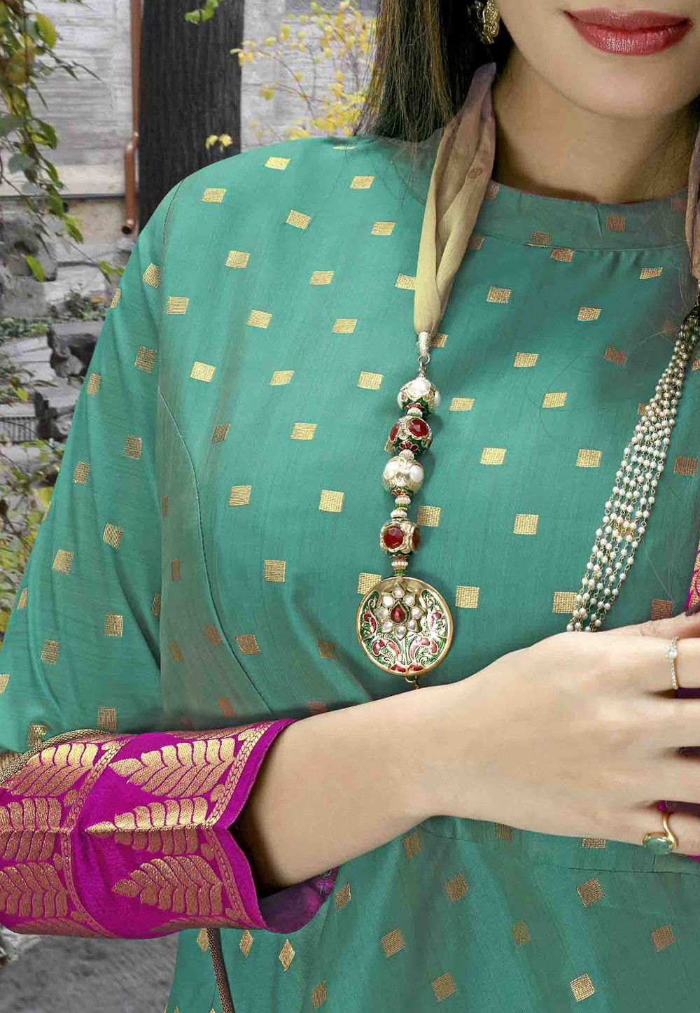 Orange - Jacquard Cotton A-Line Long Kurta