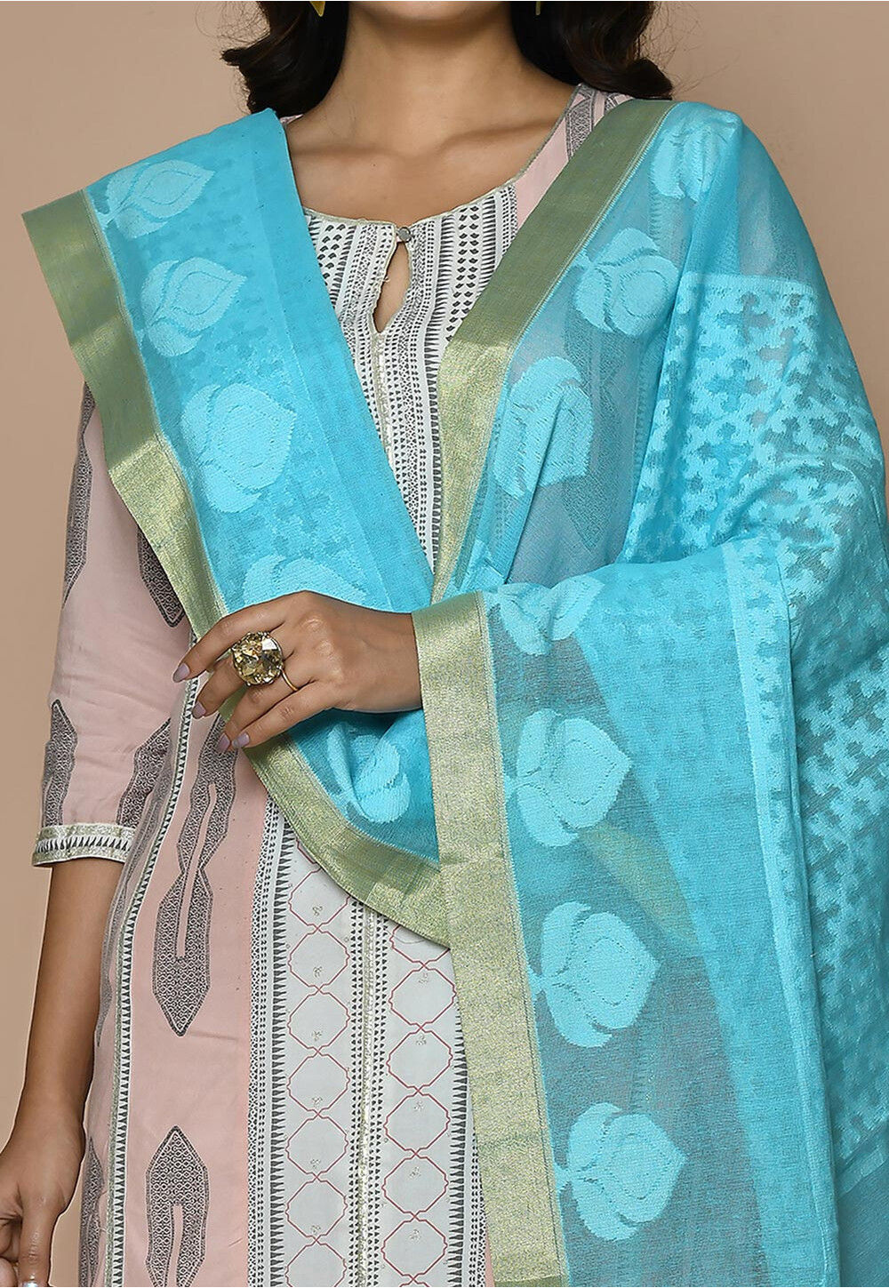 Sky blue and orange double shade cotton dupatta