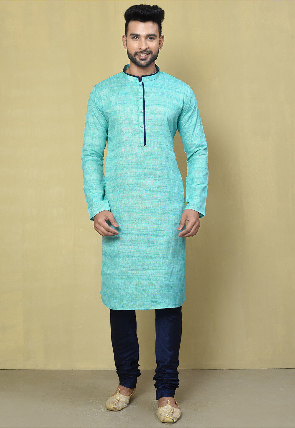 Woven Cotton Jacquard Kurta Set in Sky Blue MLC2422