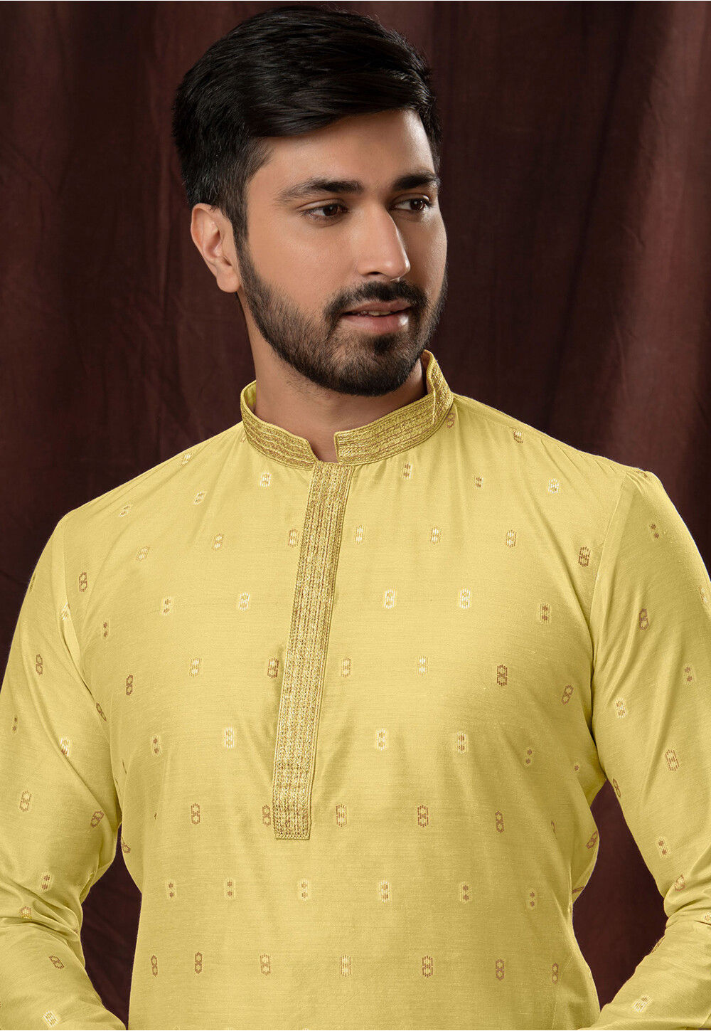 Yellow - A-Line Cotton Jacquard Kurta 09